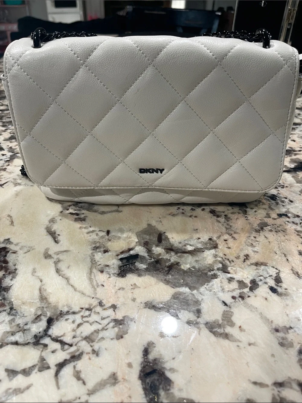 DKNY White Quilted Leather Crossbody with Black Chain Strap